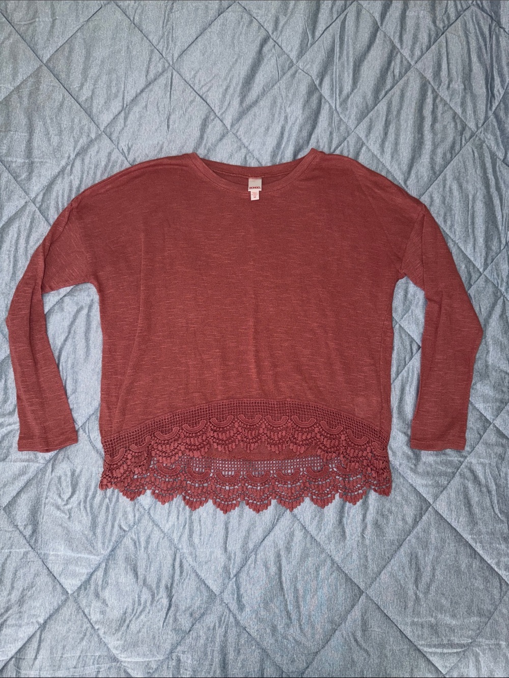 BONGO Rust Crochet-Hem Long Sleeve Top